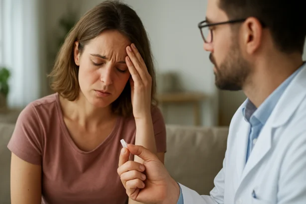 Žena trpiaca bolesťou a poradcov pri liečbe dienogestom.
