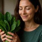 Žena s čerstvým špenátom v ruke, usmievajúca sa a šťastná.