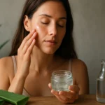 Žena nanáša Aloe Vera gél na pleť pre hydratáciu a upokojenie pokožky.
