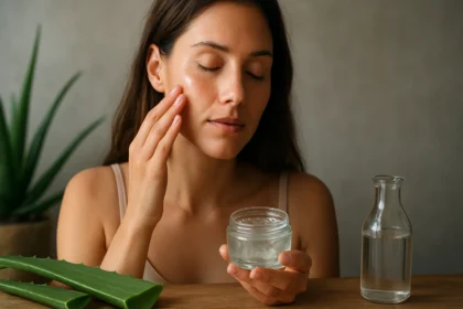 Žena nanáša Aloe Vera gél na pleť pre hydratáciu a upokojenie pokožky.