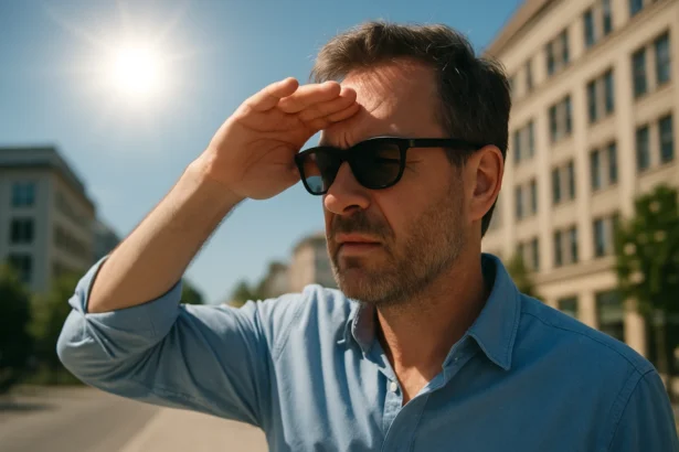 Muž s slnečnými okuliarmi chrániaci zrak pred UV žiarením.