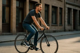 Muž jazdiaci na jednorýchlostnom bicykli v meste