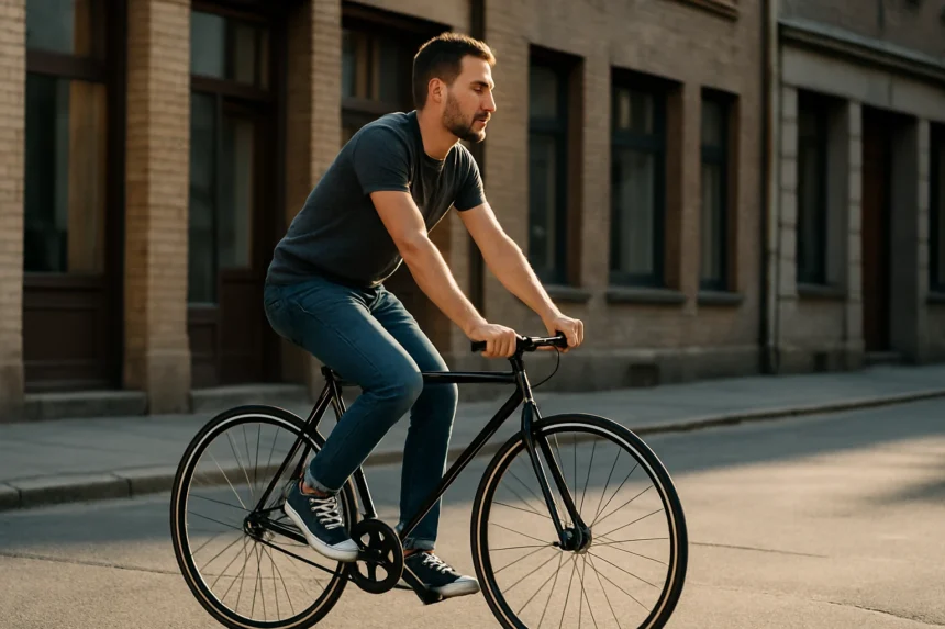 Muž jazdiaci na jednorýchlostnom bicykli v meste