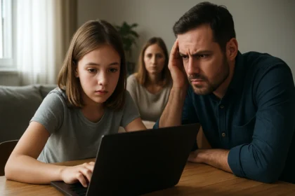 Dítě se soustředí na obrazovku počítače, rodiče prožívají obavy.