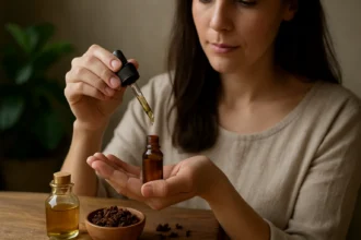 Žena aplikuje klinčekový éterický olej pomocou kvapkadla.
