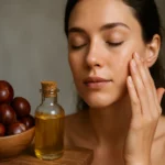 Žena nanáša olej z divokého gaštanu na pleť