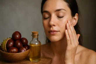 Žena nanáša olej z divokého gaštanu na pleť