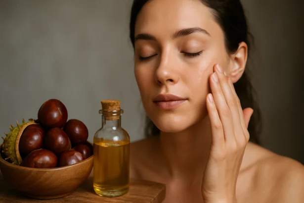 Žena nanáša olej z divokého gaštanu na pleť
