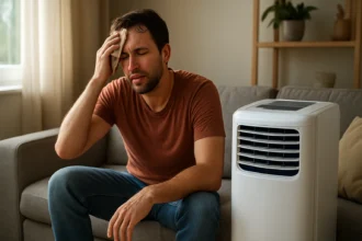 Muž trpiaci letnými horúčavami s mobilnou klimatizáciou