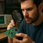 Muž skúma elektronickú dosku s bipolárnymi tranzistormi pod lupou.