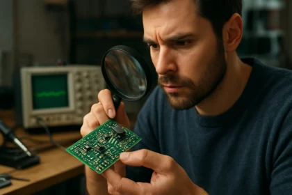 Muž skúma elektronickú dosku s bipolárnymi tranzistormi pod lupou.