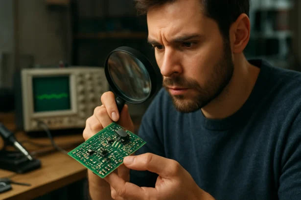 Muž skúma elektronickú dosku s bipolárnymi tranzistormi pod lupou.