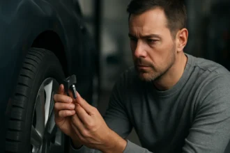 Muž kontroluje senzor tlaku pneumatiky pri aute