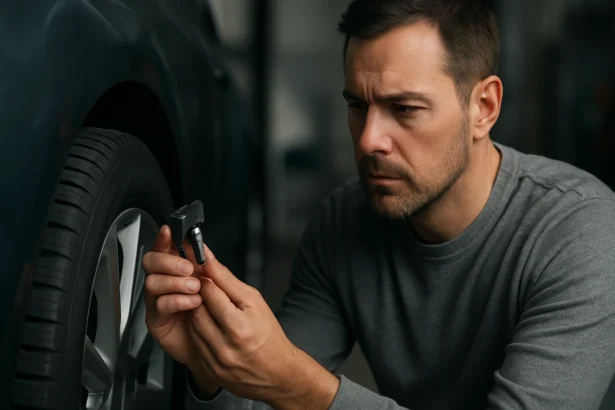 Muž kontroluje senzor tlaku pneumatiky pri aute