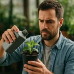 Muž polievajúci rastlinu pomocou skeletinu v zeleninovej záhrade.