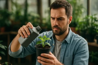 Muž polievajúci rastlinu pomocou skeletinu v zeleninovej záhrade.