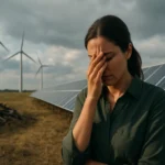 Žena s pocitom frustrácie pred panelmi solárnej energie a veternými turbínami.