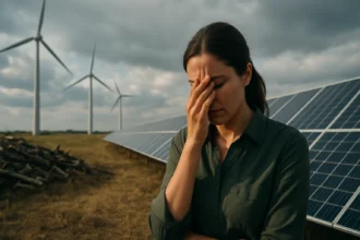 Žena s pocitom frustrácie pred panelmi solárnej energie a veternými turbínami.