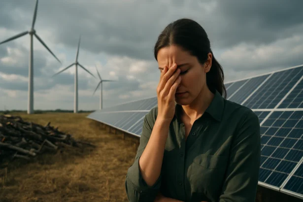Žena s pocitom frustrácie pred panelmi solárnej energie a veternými turbínami.