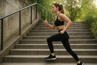 Športovkyňa behajúca po schodoch pre zlepšenie kondície.