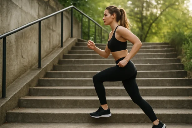 Športovkyňa behajúca po schodoch pre zlepšenie kondície.