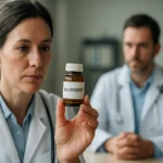 Lekárka skúma fľaštičku s haloperidolom v nemocnici.