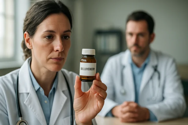 Lekárka skúma fľaštičku s haloperidolom v nemocnici.