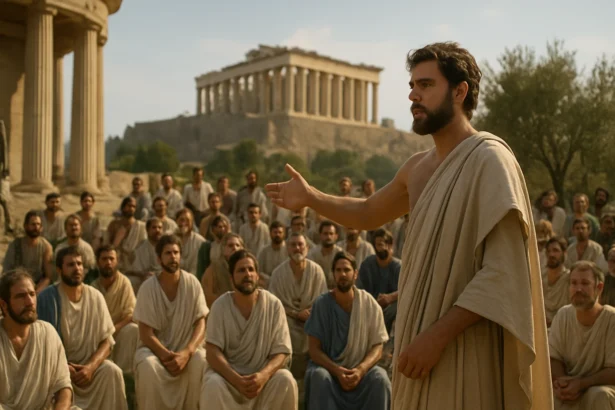 Historická scéna aténskej demokracie s prednášajúcim rečníkom a obyvateľmi.