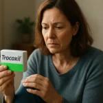 Žena si prezerá balenie lieku Trocoxil proti bolesti.