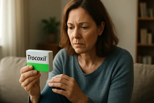 Žena si prezerá balenie lieku Trocoxil proti bolesti.