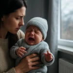 Matka sa obáva a drží plačúce bábätko v chladnom dni pri okne.