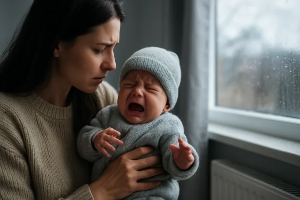 Matka sa obáva a drží plačúce bábätko v chladnom dni pri okne.