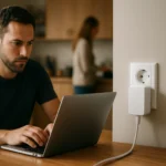 Používateľ laptopu vedľa powerline adaptéru pre rýchly internet