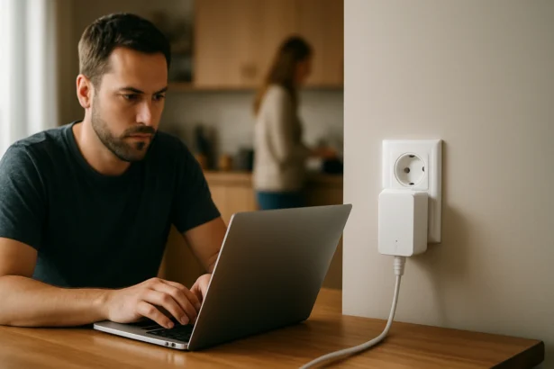 Používateľ laptopu vedľa powerline adaptéru pre rýchly internet