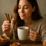 Žena si vychutnáva škoricový nápoj s škoricou a mletou škoricou.