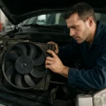 Mechanik kontroluje chladiaci ventilátor auta.