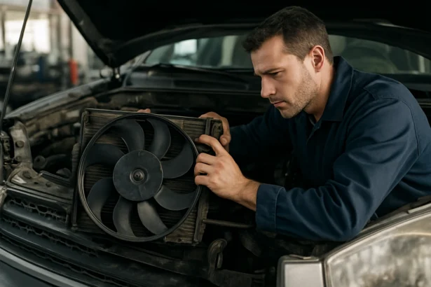 Mechanik kontroluje chladiaci ventilátor auta.