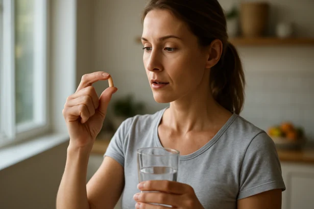 Žena drži doplnok a pohár vody, premýšľa o bróme a jeho prínosoch.