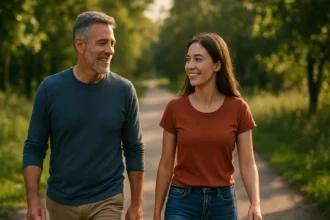 Dvojica šťastných ľudí vychádzajúcich na prechádzku v prírode.