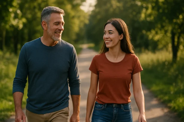 Dvojica šťastných ľudí vychádzajúcich na prechádzku v prírode.