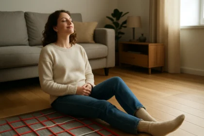 Žena relaxuje na podlahe v útulnom obývacom priestore s podlahovým kúrením.