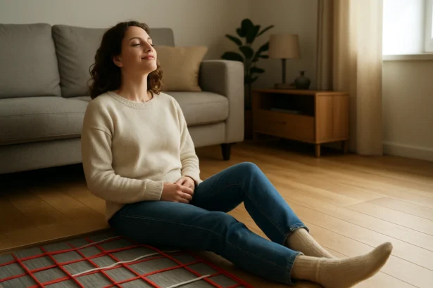 Žena relaxuje na podlahe v útulnom obývacom priestore s podlahovým kúrením.