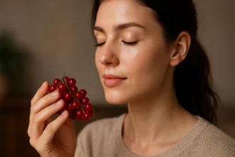 Žena drží ríbezle a užíva si ich vôňu pre zdravie a krásu.