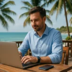 Muž pracujúci na notebooku v exotickej lokalite s palmami a morom.