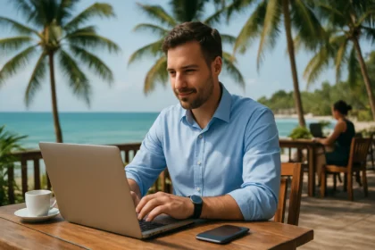 Muž pracujúci na notebooku v exotickej lokalite s palmami a morom.