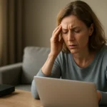 Žena s bolesťou hlavy pri počítači vedľa Wi-Fi rútera