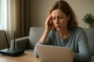 Žena s bolesťou hlavy pri počítači vedľa Wi-Fi rútera