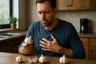 Muž skúma cesnak, ktorý má pozitívne účinky na srdce a zdravie.