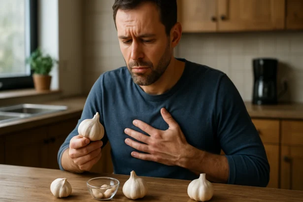 Muž skúma cesnak, ktorý má pozitívne účinky na srdce a zdravie.