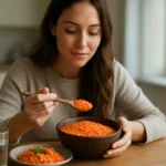 Žena vychutnávajúca si červenú šošovicu v útulnej kuchyni.